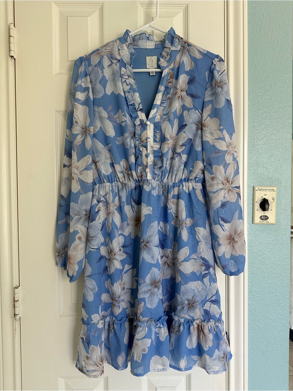 Joie Blue Floral Ruffle Mini Dress Long Sleeve Button Front Elastic Waist Small